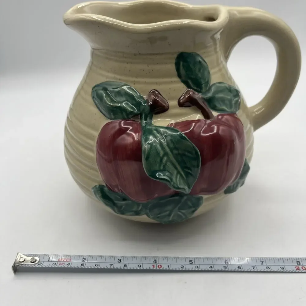 Pitcher & 2 Salt Pepper Shaker 3D Apple & Leaves Green Red Beige Ceramic pre-own